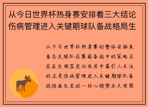 从今日世界杯热身赛安排看三大结论伤病管理进入关键期球队备战格局生变